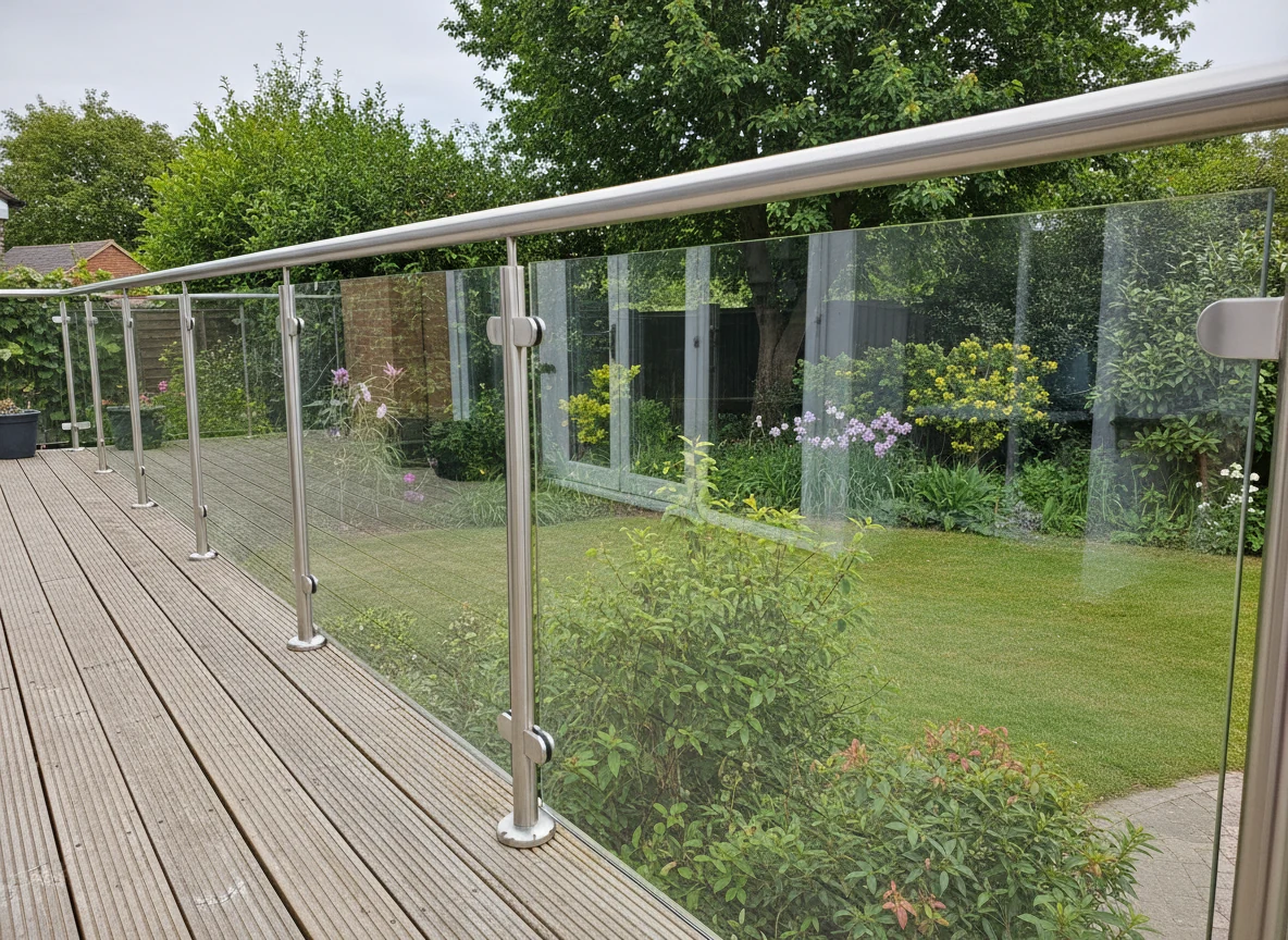 Glass railing system with stainless handrail in a Chelmsford home