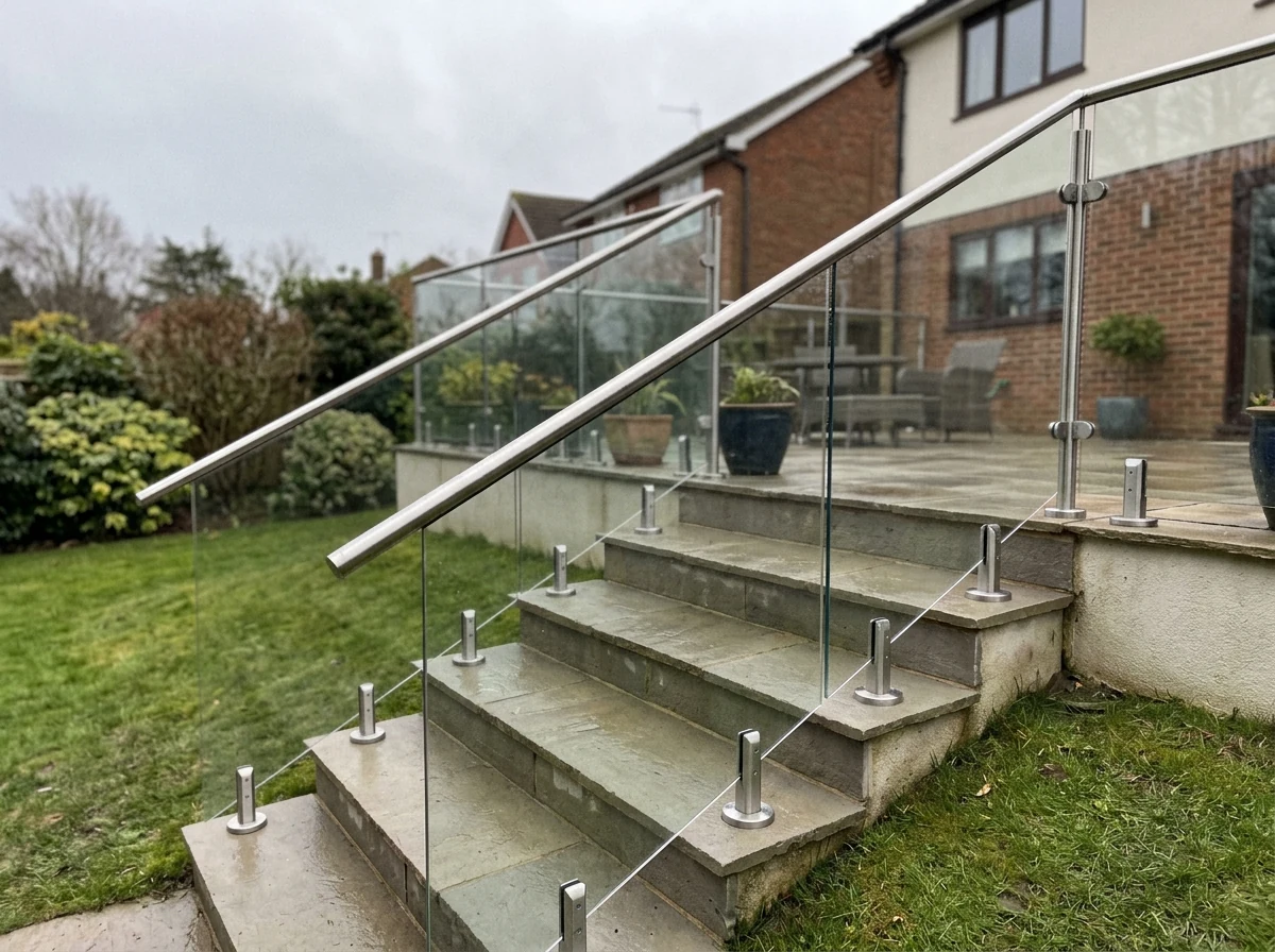Outdoor glass balustrade on raised decking in Chelmsford